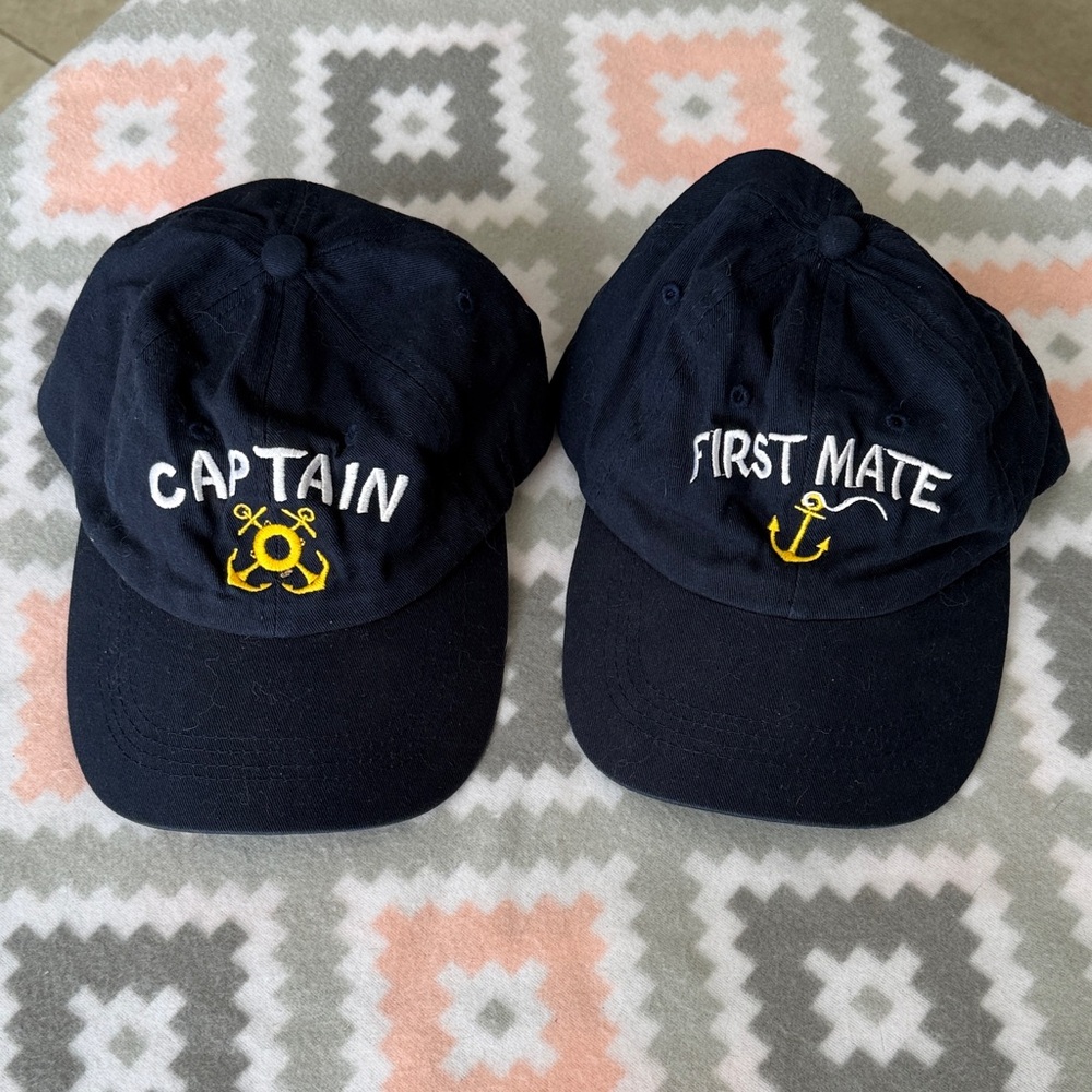 Matching Navy Blue 'Captain' & 'First Mate' Embroidered Caps